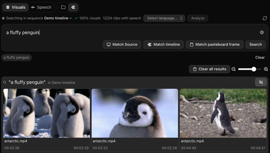 Timeline search for a fluffy penguin in Demo timeline, with 100% visuals analyzed, 12/24 clips with speech, and an Analyze button