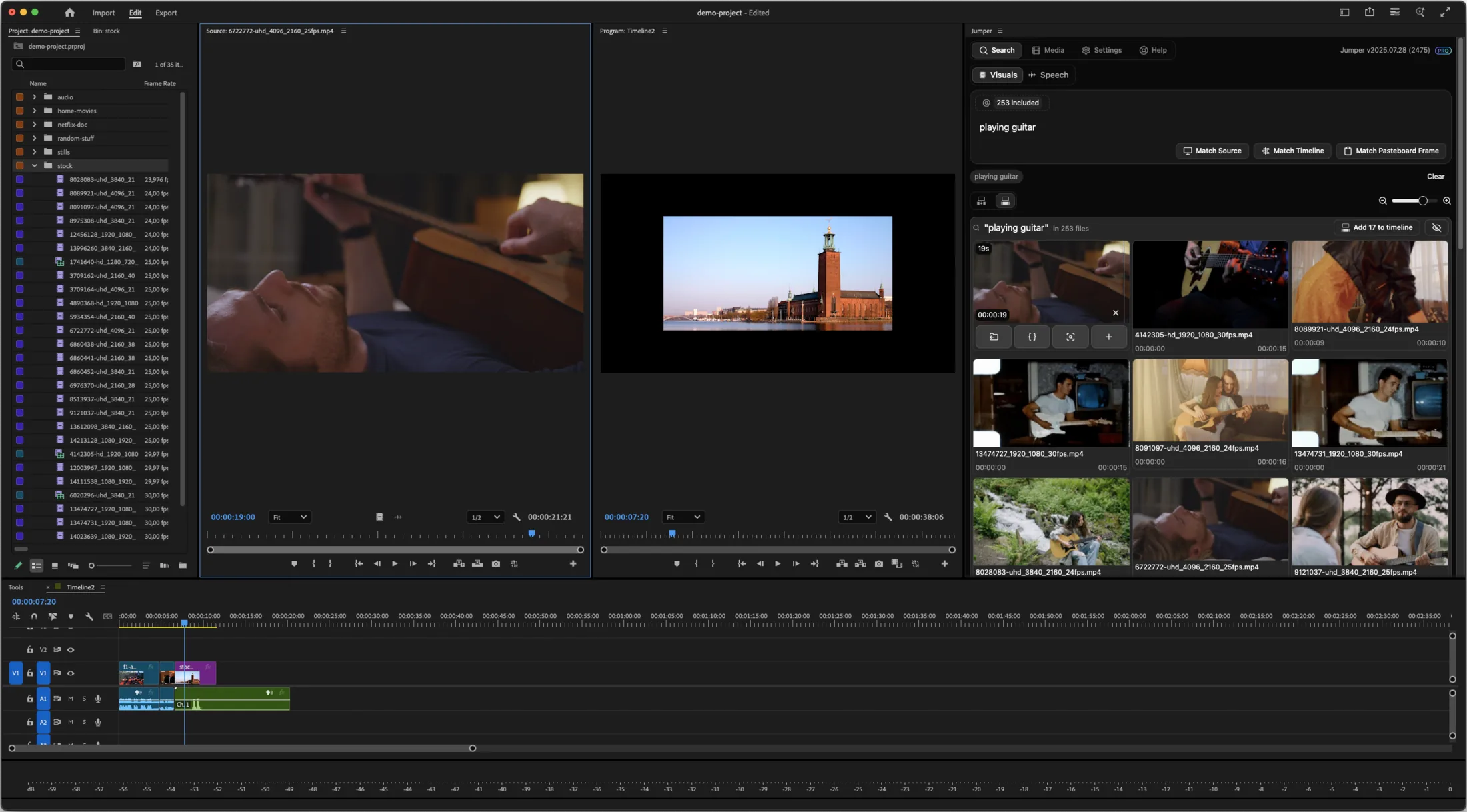 Jumper search panel docked inside Adobe Premiere Pro