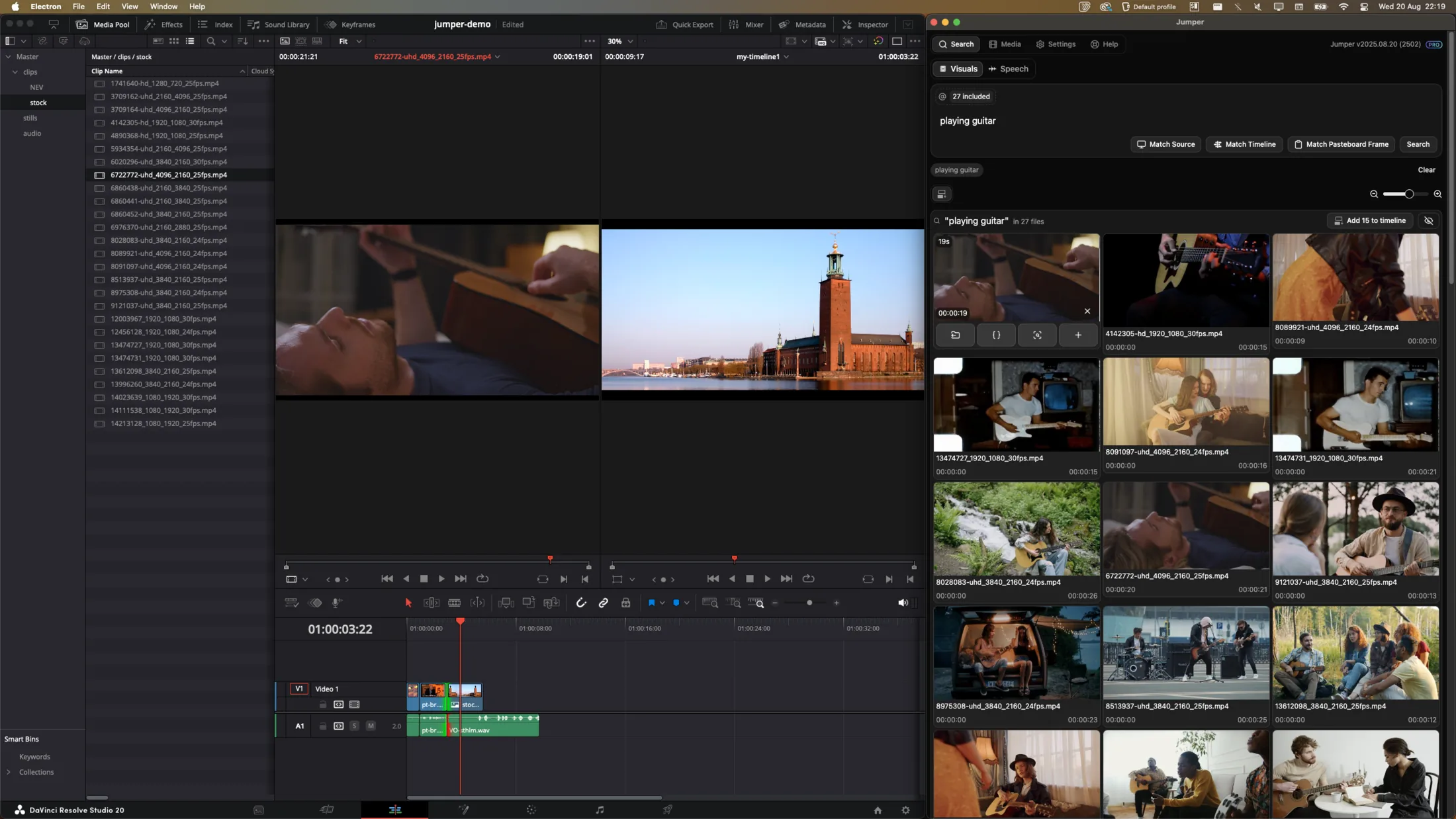 Jumper search panel next to the DaVinci Resolve edit page