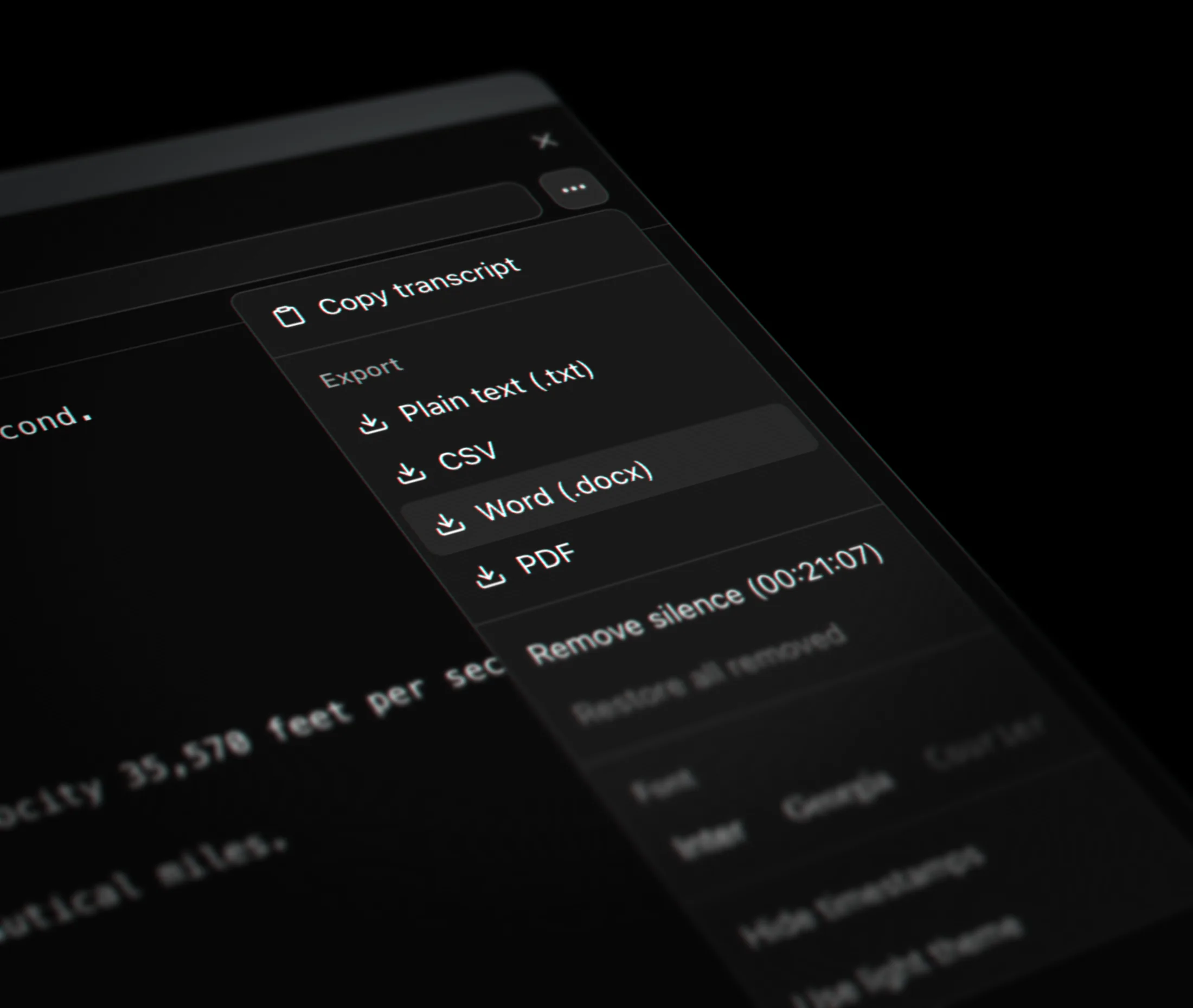 Jumper Script Editor export menu offering plain text, CSV, Word, and PDF