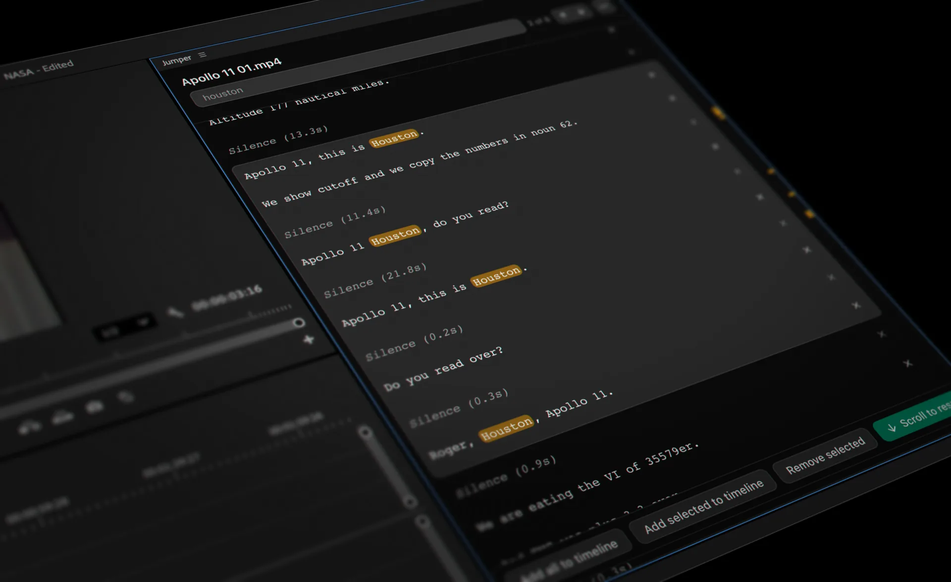 Jumper Script Editor showing a full Apollo 11 transcript with highlighted search matches