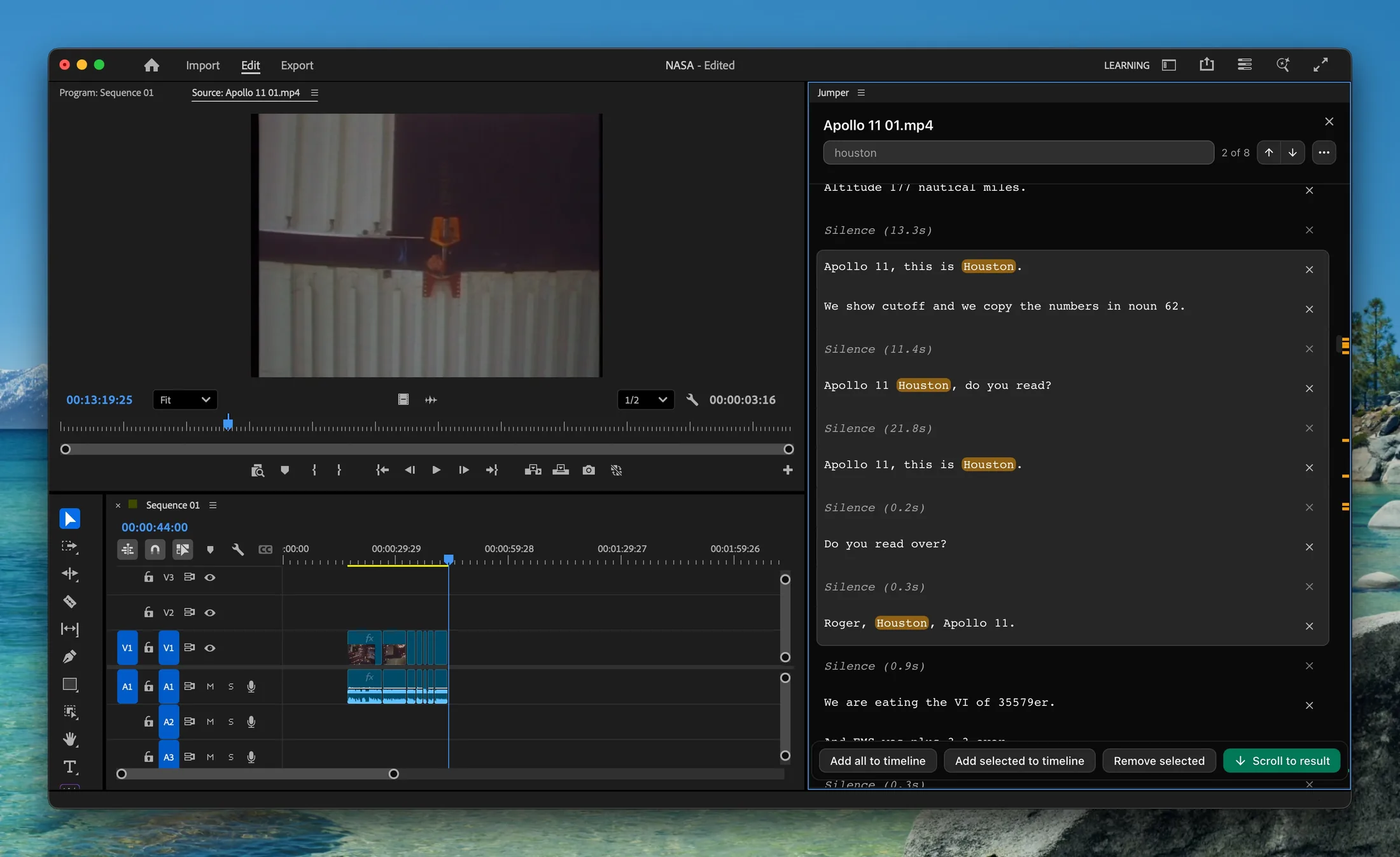 Jumper speech search for “houston” highlighting every spoken match in a transcript inside Premiere Pro